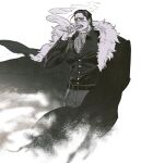  1boy ascot black_hair black_shirt chunjya_b_side cigar commentary_request crocodile_(one_piece) grey_pants greyscale hair_slicked_back highres holding holding_cigar korean_commentary monochrome one_piece pants psammokinesis sand shirt smoking stitched_face stitches 