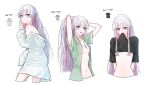  1girl absurdres blue_eyes blush borrowed_clothes breasts cho_kaguya-hime! clothes_lift colored_inner_hair commentary_request cosplay hands_in_own_hair highres korean_commentary lab_coat long_hair medium_breasts midriff mouth_hold multicolored_hair multiple_views navel off_shoulder open_clothes open_mouth open_shirt pink_hair runami_yachiyo sakayori_iroha sakayori_iroha_(cosplay) shirt shirt_lift short_sleeves simple_background smile stomach underboob white_background white_hair xp0p0p0x 