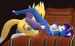  bed blue_fur breasts canine collar crossover detached_sleeves digimon elbow_gloves female fox fur gloves hand_on_breast kneeling krystal lesbian lying mammal markings multicolor_fur newtonx2012 nintendo nipples nude on_back oral oral_sex renamon sex side_view socks_(marking) star_fox tattoo two_tone_fur upside_down video_games yellow_fur 