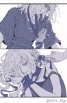  2girls absurdres blush bound bound_wrists chinese_commentary cho_kaguya-hime! commentary_request hair_ribbon haiyuan182 highres looking_at_another monochrome multiple_girls parted_lips purple_nails purple_theme ribbon runami_yachiyo runami_yachiyo_(wego) sakayori_iroha sakayori_iroha_(wego) shirt smile strap_slip sweat sweatdrop yuri 