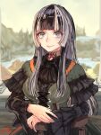  1girl ascot azuma_(azmdraw) bell_sleeves black_ascot black_choker black_dress black_hair blue_eyes blunt_bangs breasts brooch choker commentary_request cross-laced_clothes cross-laced_dress dress eyebrows_hidden_by_hair fine_art_parody frilled_dress frills gem gothic_lolita green_dress grey_streaks highres hime_cut hololive hololive_dev_is jewelry juufuutei_raden juufuutei_raden_(1st_costume) lace lace-trimmed_choker lace_choker lace_trim light_smile lolita_fashion long_hair long_sleeves looking_at_viewer medium_breasts mona_lisa multicolored_dress multicolored_hair no_gloves outdoors own_hands_together parody posing red_gem sidelocks signature solo sparkle streaked_hair tree two-tone_hair upper_body virtual_youtuber 