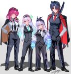  1boy 3girls absurdres alternate_costume aqua_eyes aqua_necktie belt black_belt black_hair black_hairband black_jacket black_necktie black_pants black_shoes black_vest blade_(honkai:_star_rail) blade_(jepella_rebellion)_(honkai:_star_rail) blue_hair breasts brown_gloves buttons closed_mouth collared_shirt commentary_request crossed_bangs double-breasted drill_hair earrings expressionless eyewear_on_head firefly_(honkai:_star_rail) full_body gloves gradient_background gradient_hair grey_eyes grey_hair hair_between_eyes hair_ornament hair_ribbon hairband hand_in_pocket hand_on_own_hip hand_on_own_neck hand_up highres holding holding_behind_back holding_sword holding_weapon holding_weapon_behind_back honkai:_star_rail honkai_(series) jacket jacket_on_shoulders jewelry kafka_(honkai:_star_rail) kafka_(jepella_rebellion)_(honkai:_star_rail) long_hair long_sleeves looking_at_viewer medium_breasts miya-chan_(lightning0730) multicolored_hair multiple_girls necktie official_alternate_costume orange_eyes pants pince-nez purple_eyes purple_hair red_necktie ribbon shirt shoes signature silver_wolf_(honkai:_star_rail) simple_background single_earring smile stellaron_hunters_(honkai:_star_rail) striped_clothes striped_pants sunglasses suspenders sword two-sided_fabric two-sided_jacket very_long_hair vest waistcoat weapon white_shirt 