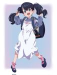  1girl aged_down bag black_hair blue_eyes commentary_request grabbing_own_hair gridman_universe gridman_universe_(movie) hair_lift hands_in_own_hair highres holding_own_hair long_hair long_skirt looking_at_viewer official_alternate_costume open_mouth school_bag shirt skirt solo takarada_rikka twintails umayer white_skirt 