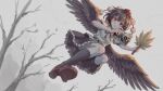  1girl ai-generated bare_tree belt bird_girl bird_wings black_belt black_hair black_ribbon black_skirt black_socks branch breasts buttons collared_shirt commentary_request day feathered_wings flying frills full_body geta hair_between_eyes hand_fan hands_up hat highres holding holding_fan kneehighs leaf looking_at_viewer looking_down maple_leaf medium_breasts neck_ribbon outdoors pom_pom_(clothes) puffy_short_sleeves puffy_sleeves red_eyes red_hat red_shoes ribbon shameimaru_aya shirt shoes short_hair short_sleeves skirt sky socks solo teeth tengu-geta tokin_hat touhou tree v-shaped_eyebrows viewfinder wei_(momoko07dayand1) white_shirt white_sky wings 