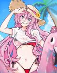  1girl arms_up beach bikini blue_eyes breasts commentary_request commission empresso_emp english_commentary hat highres inflatable_flamingo looking_at_viewer megurine_luka mixed-language_commentary multilingual_commentary octopus palm_tree pink_hair red_bikini smile solo straw_hat swimsuit takoluka tree vocaloid wet wet_clothes 