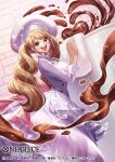  1girl apron baking blunt_bangs blush brown_hair charlotte_pudding chef_hat chocolate commentary_request copyright_logo copyright_name copyright_notice drill_hair earrings feet_out_of_frame food from_side hat jewelry logo looking_at_viewer official_art one_piece one_piece_card_game open_mouth rokushiro_koushi solo sparkle teeth twintails upper_teeth_only whipped_cream 