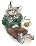  1boy animal_ears barefoot brown_pants cat_boy cat_ears cat_tail claws commentary fangs furry furry_male green_sweater highres looking_at_viewer male_focus open_mouth pants pawbert_lynxley pawpads ramakun_n sweater tail whiskers white_background yarn yarn_ball zootopia zootopia_2 