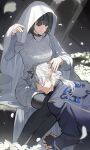  1boy 1girl absurdres ardashir_(arknights) arknights arknights:_endfield black_eyes black_hair black_horns black_pantyhose blue_jacket breasts closed_eyes closed_mouth commentary couple earclip endministrator_(arknights) falling_petals feet_out_of_frame female_endministrator_(arknights) flower gloves hand_on_another's_head hand_up hetero highres horns jacket lap_pillow long_hair long_sleeves looking_at_another meat7955 medium_breasts no_mask own_hands_clasped own_hands_together pantyhose parted_lips partially_fingerless_gloves petals pointy_ears ponytail short_hair sitting smile sweater turtleneck turtleneck_sweater untranslatable_commentary veil white_flower white_hair white_sweater white_veil 