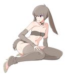  9aki animal_ears bandeau breasts brown_hair bunny_ears bunny_tail fingerless_gloves gloves high_heels highres leg_warmers neck_ribbon original panties purple_eyes ribbon shoes small_breasts solo tail thighhighs underwear 