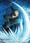  1boy clenched_teeth commentary_request copyright_logo copyright_name copyright_notice fighting_stance full_body green_hair haramaki holding holding_sheath holding_sword holding_weapon katana logo male_focus official_art one_eye_closed one_piece one_piece_card_game pectorals rokushiro_koushi roronoa_zoro sash scar scar_across_eye scar_on_chest scar_on_face sheath sheathed short_hair solo sword teeth water weapon 