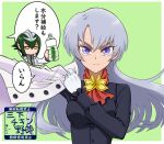  1boy 1girl ascot black_shirt bottle commentary_request cucumber green_background green_hair grey_hair holding holding_bottle jacket kawai_tell long_hair mutsuba_asaka purple_eyes red_ascot shirt simple_background speech_bubble translation_request white_jacket yellow_eyes yhx5f2kuond0ddi yu-gi-oh! yu-gi-oh!_go_rush!! 