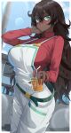  1girl absurdres belt black_hair blue_sky blush breasts closed_mouth commentary cowboy_shot cup dark-skinned_female dark_skin disposable_cup drink drinking_straw english_commentary green_eyes hair_between_eyes highres holding holding_cup large_breasts long_hair long_sleeves looking_at_viewer original overalls ozzyart_0221 red_sweater sky solo sweater turtleneck turtleneck_sweater variant_set very_dark_skin very_long_hair 