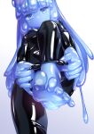  1girl barefoot black_bodysuit blue_eyes blue_skin blurry bodysuit breasts colored_skin commentary_request depth_of_field feet foot_focus foot_out_of_frame highres latex latex_bodysuit long_hair monster_girl naka_(cheeseyeast) original sarah_(naka_(cheeseyeast)) skin_tight slime_girl small_breasts solo toes white_background 
