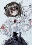  1boy black_hair black_skirt bow commentary_request dress frilled_dress frills ghost hair_ribbon highres long_sleeves male_focus mashiro_meme nijisanji ribbon short_hair skirt solo upper_body uturo_tura virtual_youtuber white_bow white_dress white_ribbon yellow_eyes 