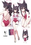  1girl alternate_costume animal_ear_fluff animal_ears bag bare_arms bare_back bare_shoulders black_hair blue_archive blush breasts closed_mouth commentary extra_ears fox_ears fox_girl halo hand_on_own_hip highres holding holding_bag inapple jacket long_hair one-piece_swimsuit open_clothes open_jacket pink_bag ponytail red_eyes red_halo red_one-piece_swimsuit sandals shirt sleeveless sleeveless_shirt swimsuit thigh_strap tied_shirt toes wet wet_clothes wet_shirt white_jacket white_shirt yukino_(blue_archive) 
