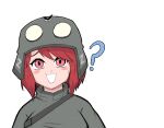  1girl black_sweater blush_stickers buhanka-chan combat_helmet confused helmet highres looking_at_viewer mexibro nervous_sweating non-web_source open_mouth original pink_eyes red_hair ribbed_collar russo-ukrainian_war short_hair smile solo sweat sweater transparent_background upper_body z_(russian_symbol) 