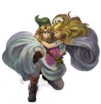  1boy 1girl bead_necklace beads betofu blonde_hair boots bracelet brown_boots carrying circlet closed_mouth commentary dress english_commentary fingerless_gloves gloves green_eyes green_hat hat jewelry link long_dress long_hair necklace open_mouth pointy_ears princess_carry princess_zelda simple_background the_legend_of_zelda the_legend_of_zelda:_a_link_between_worlds white_background white_dress winged_boots 