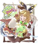  1girl :d ;d absurdres belt blush boots breasts brown_belt brown_boots brown_gloves brown_hair brown_thighhighs clarisse_(granblue_fantasy) commentary_request crossover english_text enimiso eyelashes full_body gloves granblue_fantasy green_eyes hair_intakes highres holding holding_poke_ball leaf medium_hair nostrils one_eye_closed open_mouth poke_ball poke_ball_(basic) pokemon pokemon_(creature) red_skirt skirt smile speech_bubble sweater thank_you thighhighs turtwig white_sweater 