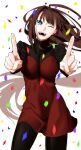  1girl aozaki_aoko black_pantyhose black_sweater blue_eyes breasts brown_hair commentary_request dress hair_intakes highres large_breasts long_hair long_sleeves looking_at_viewer mahou_tsukai_no_yoru one_eye_closed open_mouth pantyhose red_dress short_dress sidelocks smile solo sweater thighs trick1601 