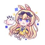  1girl animal_ears black_ribbon blonde_hair blue_eyes chibi hair_ribbon highres indie_virtual_youtuber long_hair open_mouth rabbit_ears rabbit_girl ribbon snowpix solo sweater very_long_hair virtual_youtuber white_background yellow_sweater yenko_(vtuber) 