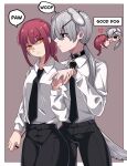  2girls animal_ears black_eyes black_necktie black_pants braid chainsaw_man collar collared_shirt commentary dog_ears dog_tail english_commentary english_text eyepatch grey_hair highres holding holding_leash kemonomimi_mode leash makima_(chainsaw_man) multiple_girls n0_image necktie orange_eyes pants pet_play quanxi_(chainsaw_man) red_hair ringed_eyes shirt sidelocks speech_bubble tail tongue tongue_out white_shirt yuri 