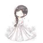  1girl bare_arms bead_necklace beads black_eyes blue_butterfly blush_stickers brown_hair bug butterfly chibi chinese_commentary commentary_request dangle_earrings dress expressionless floral_background flower flower_necklace gleaming_vines_(shining_nikki) gown hair_flower hair_ornament hair_over_shoulder hands_on_lap interruption_(echo-023) jewelry layered_dress long_dress long_hair looking_ahead necklace nikki_(series) no_mouth off-shoulder_dress off_shoulder official_alternate_color own_hands_together pleated_dress shadow shining_nikki signature simple_background solid_oval_eyes solo standing white_background white_dress white_flower 