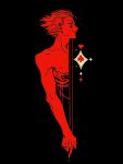  1boy ace_(playing_card) ace_of_spades black_background bone card chubsbunny2026 commentary_request diamond_(shape) facepaint heart highres hisoka_morow hunter_x_hunter male_focus nipples pectorals playing_card skeleton spade_(shape) star_(symbol) star_tattoo tattoo 
