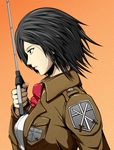  asaruton black_eyes black_hair emblem mikasa_ackerman paradis_military_uniform profile scarf shingeki_no_kyojin short_hair solo sword training_corps_(emblem) weapon 