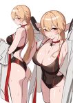  1girl 3_small_spiders alternate_costume ass bare_shoulders black_one-piece_swimsuit blush breasts brown_eyes brown_hair choker cleavage coat collarbone commentary_request girls'_frontline girls'_frontline_2:_exilium groin groza_(girls'_frontline_2) hair_between_eyes highres large_breasts long_hair long_sleeves looking_at_viewer looking_back one-piece_swimsuit ots-14_(girls'_frontline) parted_lips red_choker shiny_skin simple_background smile standing swimsuit thighs wet white_background white_coat 
