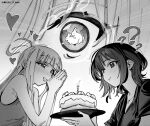  2girls ? ahoge ahoge_wag birthday_cake blush cake candle cho_kaguya-hime! commentary_request drooling expressive_hair food greyscale heart highres kaguya_(cho_kaguya-hime!) long_hair mating_(animal) medium_hair monochrome multiple_girls pancake pancake_stack rabbit sakayori_iroha shirt sidelocks souffle_pancake tank_top xiaoju_xiaojie yuri 