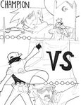  baseball_cap cape crossed_legs denim fingerless_gloves gloves greyscale hat jeans jonathan_kim light_smile monochrome multiple_boys ookido_green pants pointing poke_ball pokemon pokemon_(game) pokemon_rgby red_(pokemon) shaded_face sitting throne 