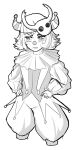  1girl absurdres alternate_costume blush closed_mouth clown clown_nose commentary cropped_legs english_commentary eyelashes fang fraiki_(vtuber) greyscale hand_on_own_hip highres hollow_knight horns indie_virtual_youtuber long_sleeves mask mask_on_head monochrome puffy_pants short_hair simple_background skin_fang solo striped_horns tearing_up virtual_youtuber white_background xc_ouma 