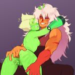 2015 anal anal_fingering arm_markings arms_around_neck bite bite_mark_on_nipple bite_mark_on_shoulder biting_lip blonde_hair bodysuit cartoon_network clothed clothing digital_drawing_(artwork) digital_media_(artwork) double_penetration duo eyewear eyewear_only female female/female fingering fingers_in_vagina floating_fingers forehead_gem gem gem_(species) gem_nose green_body hair hand_markings hand_on_leg hand_on_thigh heart_symbol jasper_(gem_species) jasper_(steven_universe) limb_enhancers long_hair markings muscular muscular_female not_furry nude orange_body penetration peridot_(gem_species) peridot_(steven_universe) puni_(artist) short_hair simple_background size_difference skinsuit steven_universe tight_clothing white_hair