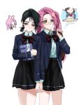  2girls alien_stage bag black_hair blush book bow bowtie cake cake_slice food glasses green_eyes hair_ornament hairclip highres holding holding_book holding_hands long_hair long_sleeves mizi_(alien_stage) multiple_girls pink_hair ponytail purple_eyes school_bag school_uniform short_hair short_ponytail simple_background skirt snowlll2 standing sua_(alien_stage) 