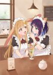  3girls :t alternate_costume animal_ears apron blonde_hair blue_hair blue_nails blush cafe cho_kaguya-hime! closed_mouth colored_inner_hair commentary_request crescent crescent_hair_ornament enmaided feeding food forehead_jewel frilled_apron frills green_eyes grey_hair hair_ornament hanging_light highres holding holding_spoon ice_cream indoors kaguya_(cho_kaguya-hime!) kaguya_(tsukuyomi)_(cho_kaguya-hime!) kurichan_0730 long_hair looking_at_another looking_through_window maid maid_apron maid_headdress menu multicolored_hair multiple_girls nail_polish neck_ribbon open_mouth parfait peeking pout purple_hair rabbit_ears red_nails red_ribbon ribbon runami_yachiyo sakayori_iroha sakayori_iroha_(tsukuyomi) short_hair short_sleeves smile spoon teeth translated upper_teeth_only white_apron window yuri 
