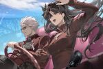  1boy 1girl archer_(fate) black_hair blue_eyes blue_sky breasts car_interior carnival_phantasm commentary_request crossed_arms fate/stay_night fate_(series) highres jacket korean_commentary long_hair medium_breasts open_mouth parted_lips red_jacket red_sweater short_hair sky steering_wheel sunglasses sweater tohsaka_rin very_long_hair white_hair yeon_gaeng 