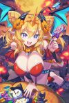  1girl absurdres bare_shoulders barefoot breasts candy commentary_request dress eyelashes fangs flower food full_moon hair_bun hair_flower hair_ornament halloween_costume highres holding holding_candy holding_food holding_lollipop kuuron_(moesann17) large_breasts leaning_forward lollipop moon pointy_ears puzzle_&amp;_dragons rosalyn_(p&amp;d) sidelocks smile solo sweets thigh_strap two_side_up wings 