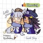  2girls :< :d ^_^ animal_ears birthday blunt_bangs blush bow brown_hat character_name chibi chibi_only clenched_hand closed_eyes commentary dailyumazed ear_bow ears_through_headwear english_commentary english_text eyes_visible_through_hair fenomeno_(umamusume) flipped_hair gold_ship_(umamusume) grid_background hand_up happy_birthday hat highres horse_ears horse_girl horse_tail horseshoe_hat_ornament horseshoe_ornament long_hair long_sleeves multiple_girls outstretched_hand party_popper peaked_cap pillbox_hat purple_eyes purple_hair purple_shirt school_uniform shirt simple_background smile tail tail_bow tail_ornament tan thumbs_up tongue tracen_school_uniform umamusume v-shaped_eyebrows white_background white_bow white_hair winter_uniform 