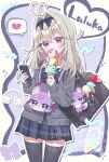  1girl absurdres alternate_costume antenna_hair bag bag_charm black_hairband blonde_hair cardigan character_name charm_(object) commentary cowboy_shot food grey_cardigan grey_skirt gyaru hair_intakes hairband heart highres hiiragi_syuu holding holding_food holding_ice_cream holding_ice_cream_cone holding_phone ice_cream ice_cream_cone long_hair long_sleeves looking_at_viewer meitantei_precure! miniskirt moria_luluka phone pleated_skirt precure purple_eyes shoulder_bag skirt solo spoken_heart standing thighhighs zettai_ryouiki 