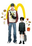  2boys absurdres aged_down apple_juice arm_at_side arms_at_sides backpack bag baseball_cap black_bag black_eyes black_hair black_hat black_jacket black_shoes black_shorts blue_pants breast_pocket brown_eyes burger child commentary_request crossbody_bag cup denim disposable_cup drink_carton drinking_straw fanny_pack filet-o-fish food french_fries full_body glasses grey_bag grey_hat hand_in_pocket happy_meal hash_browns hat height_difference highres holding holding_bag ice_cream ice_cream_cone jacket jeans juice juice_box karaoke_iko! long_sleeves longlonggui looking_at_viewer male_focus mcdonald's milkshake multi-source_commentary multiple_boys narita_kyouji oka_satomi open_mouth pants parted_bangs pocket pompompurin print_shirt red_shirt sanrio shirt shoes short_hair shorts side-by-side simple_background sleeves_past_wrists smile sneakers socks standing straight-on two-tone_shirt very_short_hair white_background white_shirt white_socks 