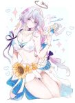  1girl arm_ribbon artist_name bikini blue_eyes blush bow breasts choker closed_mouth collarbone commentary feathered_wings feet_out_of_frame flower gold_necklace hair_between_eyes hair_ornament halo hand_up head_wings heart heart_background highres holding holding_microphone honkai:_star_rail honkai_(series) jewel_under_eye jewelry large_breasts long_hair looking_at_viewer low-tied_long_hair microphone navel necklace purple_bow purple_choker purple_hair purple_ribbon ribbon robin_(honkai:_star_rail) robin_(summeretto)_(honkai:_star_rail) sarong single_sidelock sitting smile solo sparkle_background star_(symbol) star_hair_ornament star_necklace star_print sunflower swimsuit uiqigz untranslatable_commentary very_long_hair wavy_hair white_background white_bikini white_sarong wings yellow_flower 