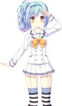  1girl badge blue_hair bow button_badge buttons collarbone da_capo da_capo_iv double-breasted game_asset garter_straps hair_ornament hinohara_chiyoko lapels long_hair long_sleeves miniskirt non-web_source official_art pleated_skirt sailor_collar school_uniform serafuku shirt simple_background skirt striped_clothes tachi-e tanihara_natsuki thighhighs transparent_background white_shirt white_skirt yellow_eyes 