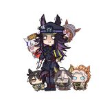  6+girls ahoge animal_ears beanie black_hair black_jacket black_pants blue_eyes bow brown_hair brown_hat chibi coat commentary_request dream_journey_(reminder_of_dreamland)_(umamusume) dream_journey_(umamusume) dress ear_bow ear_covers ears_through_headwear fenomeno_(black_flames_of_the_righteous_spirit)_(umamusume) fenomeno_(umamusume) flipped_hair gloves goggles goggles_around_neck gold_ship_(red_strife)_(umamusume) gold_ship_(umamusume) grey_hat hair_between_eyes hat horse_ears horse_girl horseshoe_hat_ornament horseshoe_ornament jacket long_hair long_sleeves mr._ebidou multicolored_hair multiple_girls nakayama_festa_(shichuukyuukatsu)_(umamusume) nakayama_festa_(umamusume) orange_hair orfevre_(control)_(umamusume) orfevre_(umamusume) pants peaked_cap pillbox_hat purple_eyes purple_hair red_dress shirt simple_background single_ear_cover sleeveless sleeveless_dress stay_gold_(sunlit_outsider)_(umamusume) stay_gold_(umamusume) stay_gold_clan_(umamusume) trembling two-tone_hair umamusume white_background white_gloves white_hair white_shirt yellow_coat 