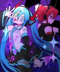  2girls aqua_eyes aqua_hair aqua_necktie aqua_trim arm_tattoo beullobjiji black_skirt black_thighhighs blood blood_on_clothes blood_on_face blood_on_hand blood_on_weapon collared_shirt colored_blood commentary_request cursor demon_horns detached_sleeves double-parted_bangs drill_hair grey_shirt hair_between_eyes hair_ornament hatsune_miku headphones highres holding holding_weapon horns kasane_teto korean_commentary long_hair looking_at_viewer looking_back multiple_girls necktie ok_sign pink_blood pleated_skirt purple_background red_eyes red_hair shade shirt skirt sleeveless sleeveless_shirt sparkle split_dance_(vocaloid) synthesizer_v tattoo thighhighs thumbs_down tongue tongue_out twin_drills twintails utau vocaloid weapon wide_sleeves 