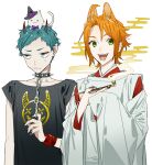  2boys animal_ears animal_on_head aqua_eyes aqua_hair bow bowtie cat closed_mouth collar curtained_hair extra_ears fingernails green_eyes hagiwara_daisuke halloween_costume hand_up hands_up hat holding holding_smoking_pipe hori-san_to_miyamura-kun horns long_sleeves looking_at_viewer male_focus multiple_boys nail_polish nervous_sweating on_head open_mouth orange_hair purple_bow purple_bowtie shindou_kouichi short_bangs short_hair simple_background smoking_pipe spiked_collar spikes sweat tanihara_makio teeth white_background witch_hat 