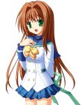  1girl back_bow blue_sailor_collar blue_shirt blue_skirt bow bowtie brown_hair buttons clover_point double-breasted game_asset green_bow green_eyes hair_intakes hair_ribbon inamori_mahoshi jacket long_hair non-web_source official_art plaid_clothes plaid_skirt ribbon sailor_collar school_uniform shirt simple_background skirt tachi-e transparent_background turtleneck white_jacket yellow_bow yellow_bowtie yuyi 