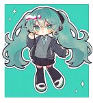  1girl :< alternate_costume aqua_eyes aqua_hair aqua_necktie black_jacket black_ribbon black_skirt black_thighhighs blush border closed_mouth deformed fluffy_hair full_body grey_sweater hair_ribbon hand_up hatsune_miku hood hood_down hooded_jacket jacket long_hair looking_at_viewer mizunidoufu necktie open_clothes open_jacket outline pleated_skirt ribbon school_uniform shirt shoes skirt sleeves_past_wrists standing sweater thighhighs twintails uwabaki very_long_hair vocaloid white_border white_outline white_shirt 