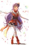  1girl absurdres boots commentary_request crossed_legs dress full_body gloves grey_eyes hat highres key_of_like! lens_flare long_hair looking_at_viewer love_live! love_live!_hasu_no_sora_jogakuin_school_idol_club mini_hat mini_shako_cap otomune_kozue purple_hair red_boots red_dress red_hat shako_cap short_dress sleeveless sleeveless_dress solo standing thighhighs tilted_headwear under-elbow_gloves virtual_youtuber watson_cross white_gloves white_thighhighs zen66574227 