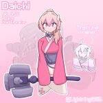  2girls blush bow breasts character_name character_profile closed_mouth commentary english_commentary english_text hair_ornament hammer holding holding_hammer humanization japanese_clothes kimono lightning2195 medium_hair multiple_girls obi pink_hair pink_kimono pokedex_number pokemon ponytail sash tinkatuff twitter_username upper_body 