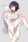  2girls arms_around_neck bite_mark bite_mark_on_shoulder black_hair blush carrying cho_kaguya-hime! closed_mouth colored_inner_hair commentary_request dress ear_blush green_eyes grey_hair hickey highres knee_blush korean_commentary long_hair medium_hair multicolored_hair multiple_girls one_eye_closed pink_hair princess_carry runami_yachiyo sakayori_iroha simple_background speech_bubble spoken_expression translated white_dress white_hair xp0p0p0x yuri 